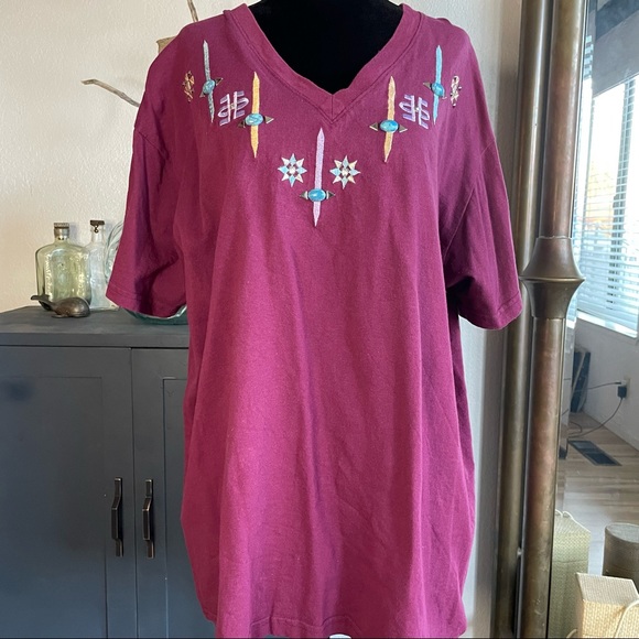 Vintage Southwest Turquoise Casual TShirt Maroon Large - Picture 1 of 5